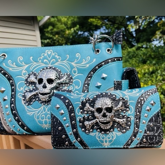 Turquoise Rhinestone Skull Concealed Carry Shoulder Bag & Matching Wallet Set Nw